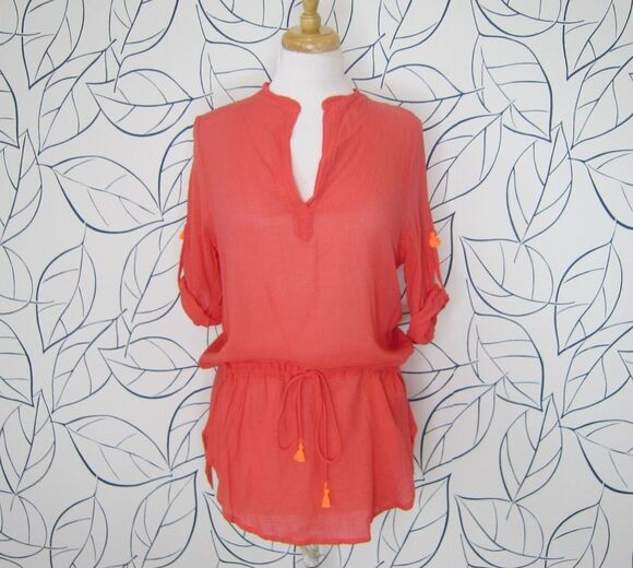 Eberjey Tops - Eberjey Tunic Top Cover Up Roll Tab Sleeves Drawstring Waist Size S/M Salmon